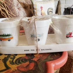 Rare Rae Dunn Christmas "Home For The Holidays" Planter Pot Set With Tray. Brand New.