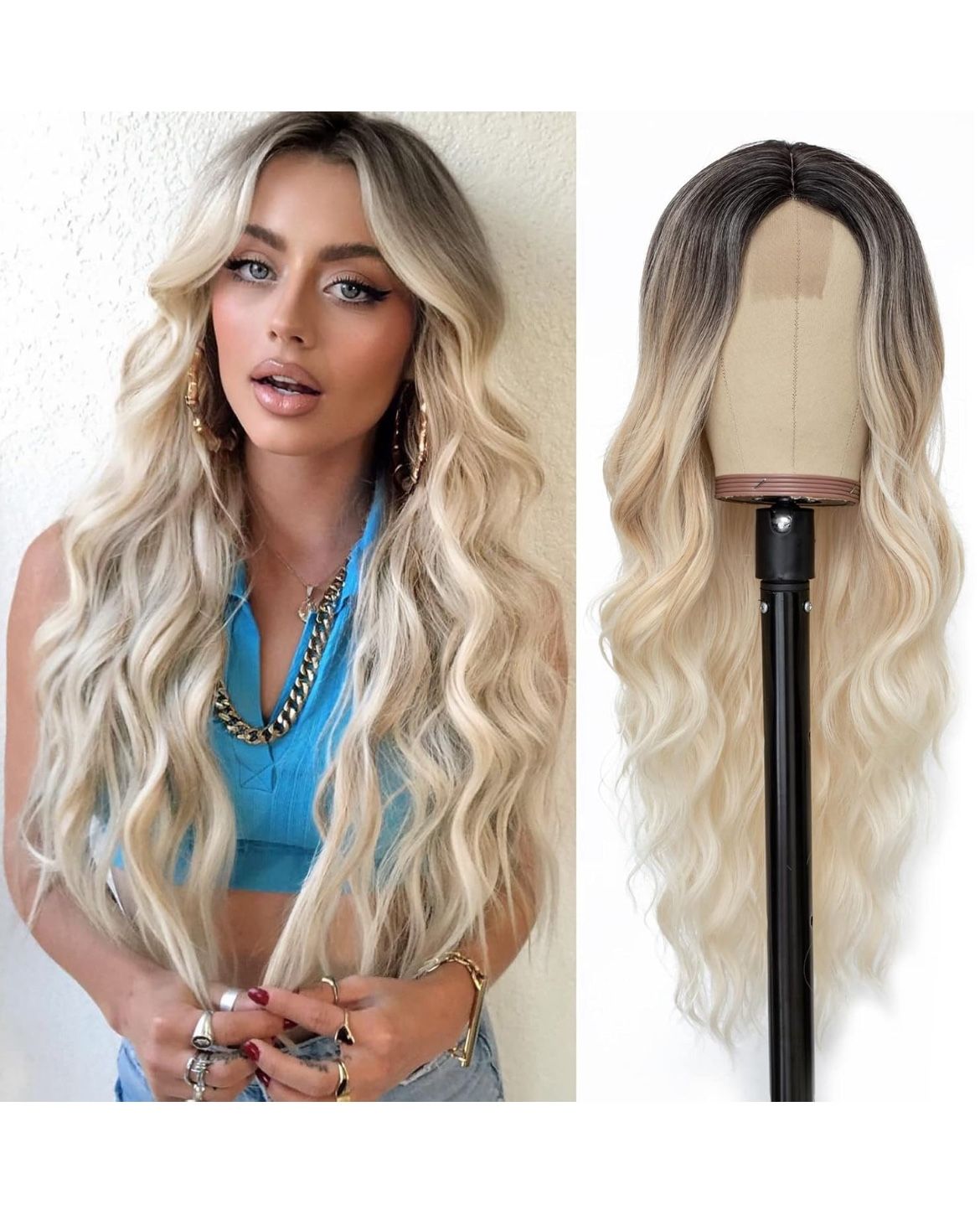 Long Platinum Blonde Wavy Synthetic Wig for Women 26 inches Middle Part *NEW*