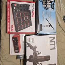 Rode NT1 Mic Kit, Scarlett 2i2 3rd Gen Audio Interface, Akai MPD 218, Mic Stand, Tripp-Lite.