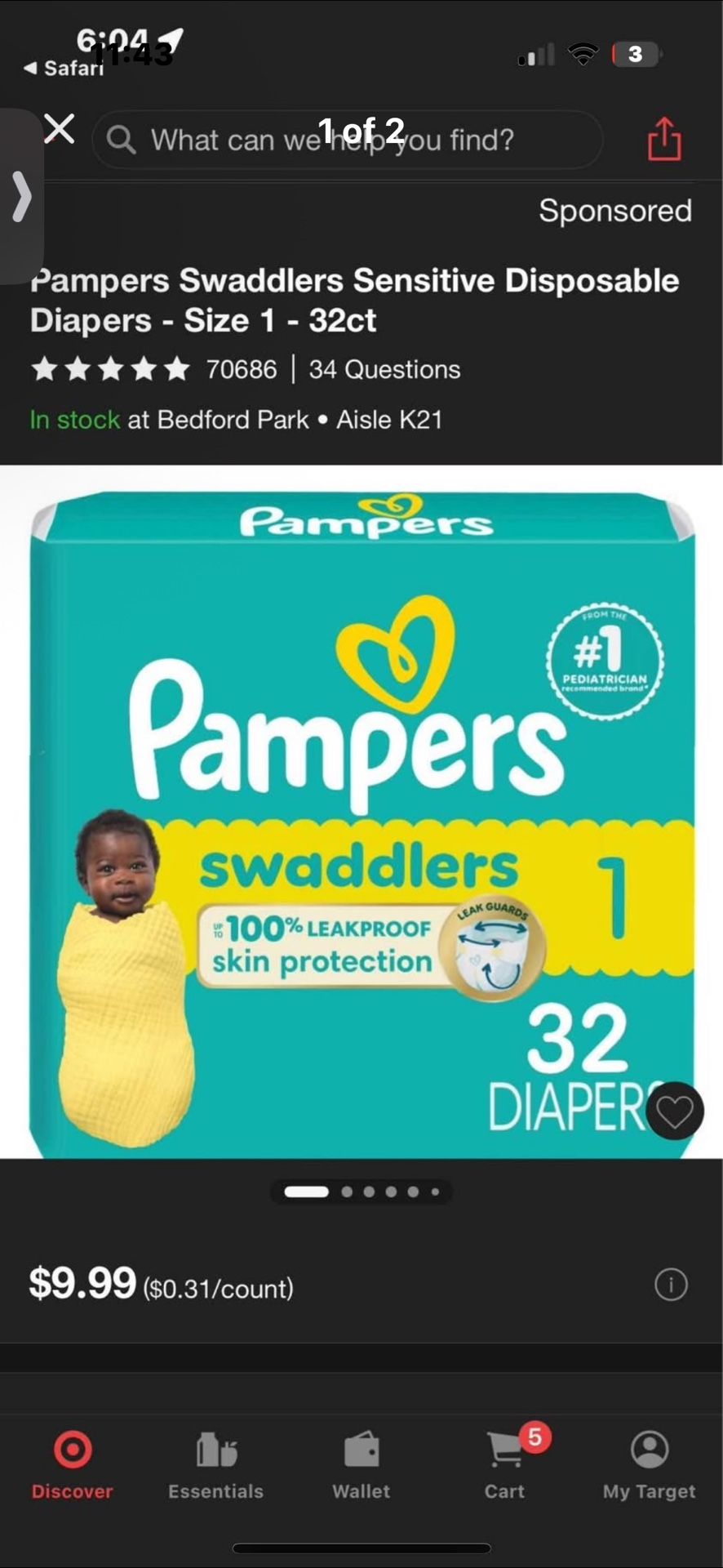 75ct Pampers Size 1