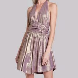 Dress-Backless Mini Blush Gold Metallic Sleeveless Skater Halter Dress