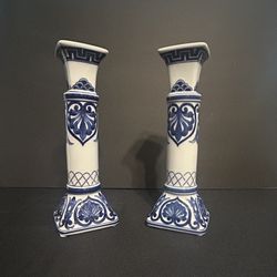 Large Chinoiserie Style Blue & White Candle Holders (2)