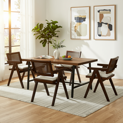 Homy Casa FORS + XUZIDS 5PC Dining Set 63” Table with 4 Beige Biscuit Upholstered Chairs & Walnut Legs
