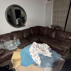 Brown Leather Comfortable Worn In Corner Couch 