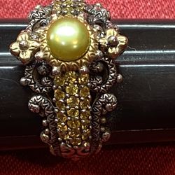 Stunning Barbara Bixby 925 Sterling & 18K GoldBixby Yellow Sapphire & Greenish Pearl Ring