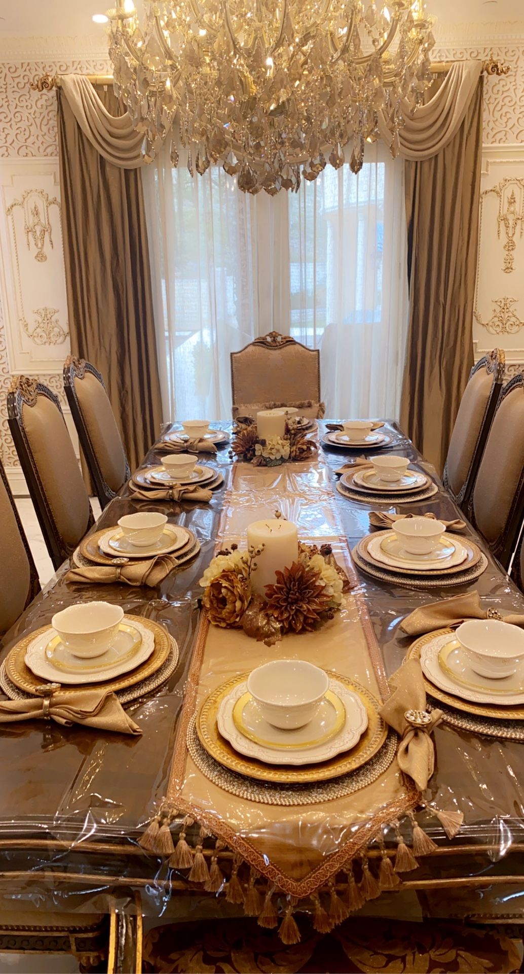 Marge Carson Dining Table With 10 Fabric Chairs