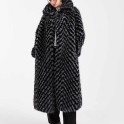 ASOS DESIGN chevron longline faux fur coat in gray stripe