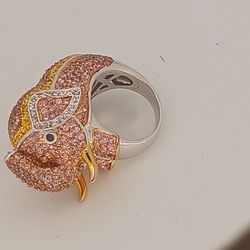 Statement Ring W/Pink Stone Elephant 