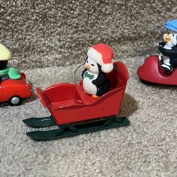 PENGUIN RED METAL SLED ORNAMENT Hallmark 1990 Polar Sport car & 1993 PUTT~PUTT