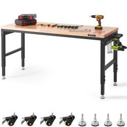 581*Adjustable Workbench, 72" L X 25" W Garage Worktable with Universal Wheels, 28-39.5" Heights & 3000 LBS Load Capacity, with Power Outlets & Hardwo