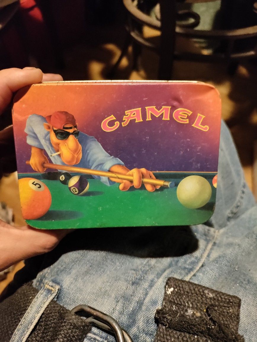 Vintage Tin Camel Cigarette Joe Camel Shooting Pool Tin Box