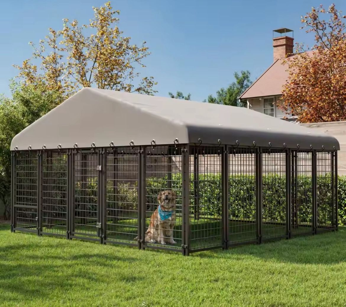 Dog Kennel 10X10FT Outside Heavy-Duty Outdoor Dog Cage with Roof and Double Lock - Spacious, Dog Crate for Pets with Feeding