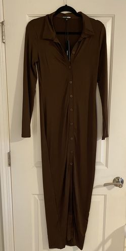 BRAND NEW fashion Nova Brown Long Silky Button Down Maxi Dress