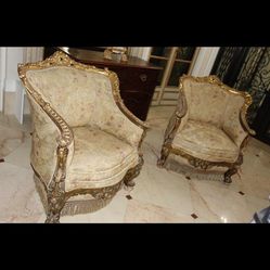 Gorgeous Pair Antique French Gilded Italian Chairs With New Antique Fabric Upholstery