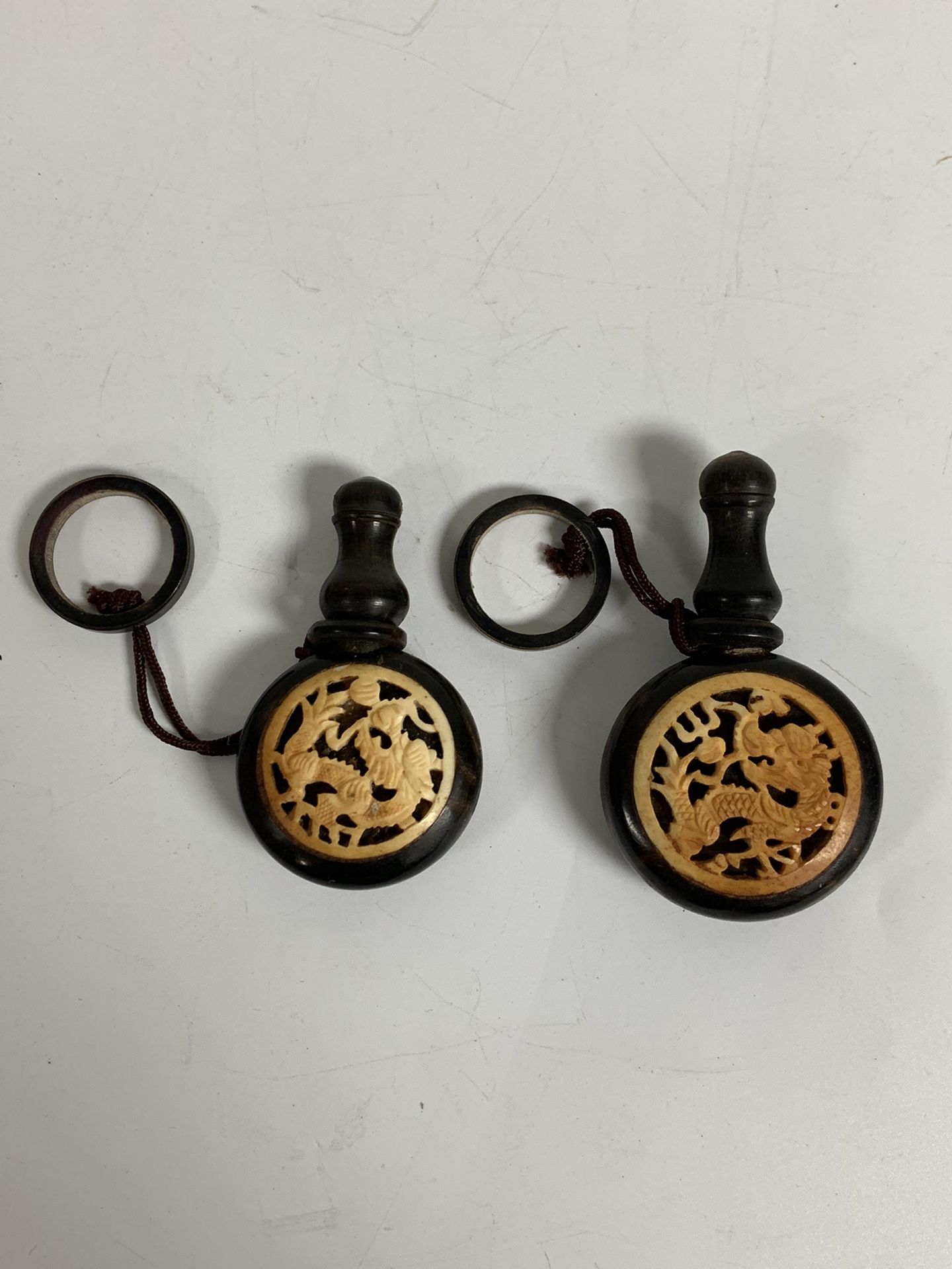 Pair of Vintage Hand Carved Bone and Wood Snuff Bottle with Dragon