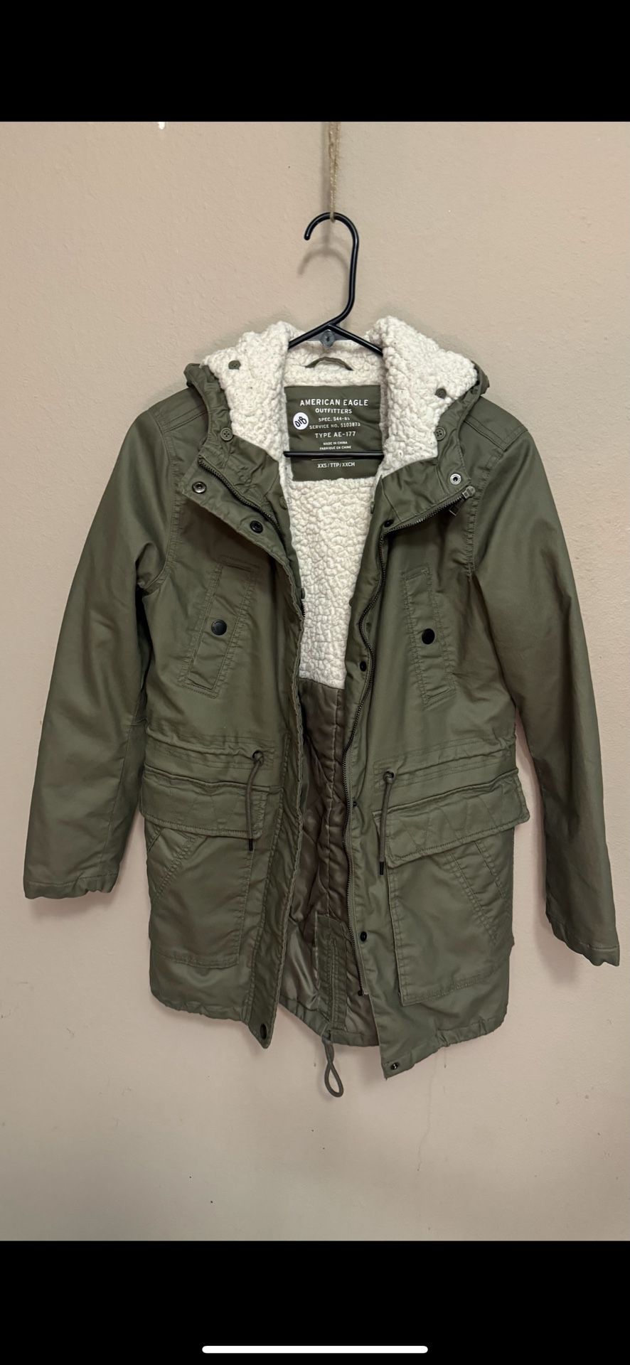 XXS American Eagle Khaki Jacket W/ Sherpa Lined Hood