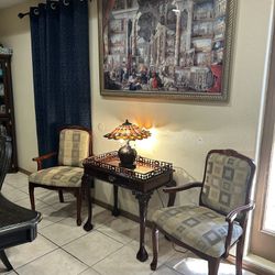 Antique Table Chairs And Tiffany Lamp