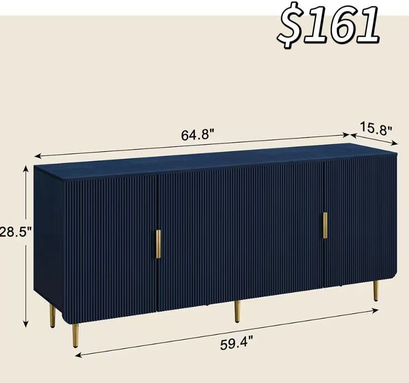 😀 65" Fluted Sideboard Buffet Cabinet with Storage, Console Cabinet with 4 Doors & Adjustable Shelves, Modern Buffet Table for Kitchen Dining Living