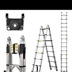 Telescoping Ladder, 16.5FT Aluminum Portable Extension Ladder w/Hooks, Stabilizers& Wheels, 330lbs Capacity, Collapsible Design, Outdoor & RV Friendly