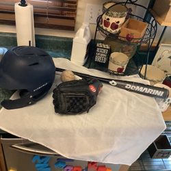 Baseball equipment includes  like new Rawlings 12” glove,  DeMarini baseball bat 28” 17 ounces,  Baseball helmet size medium with from face protection