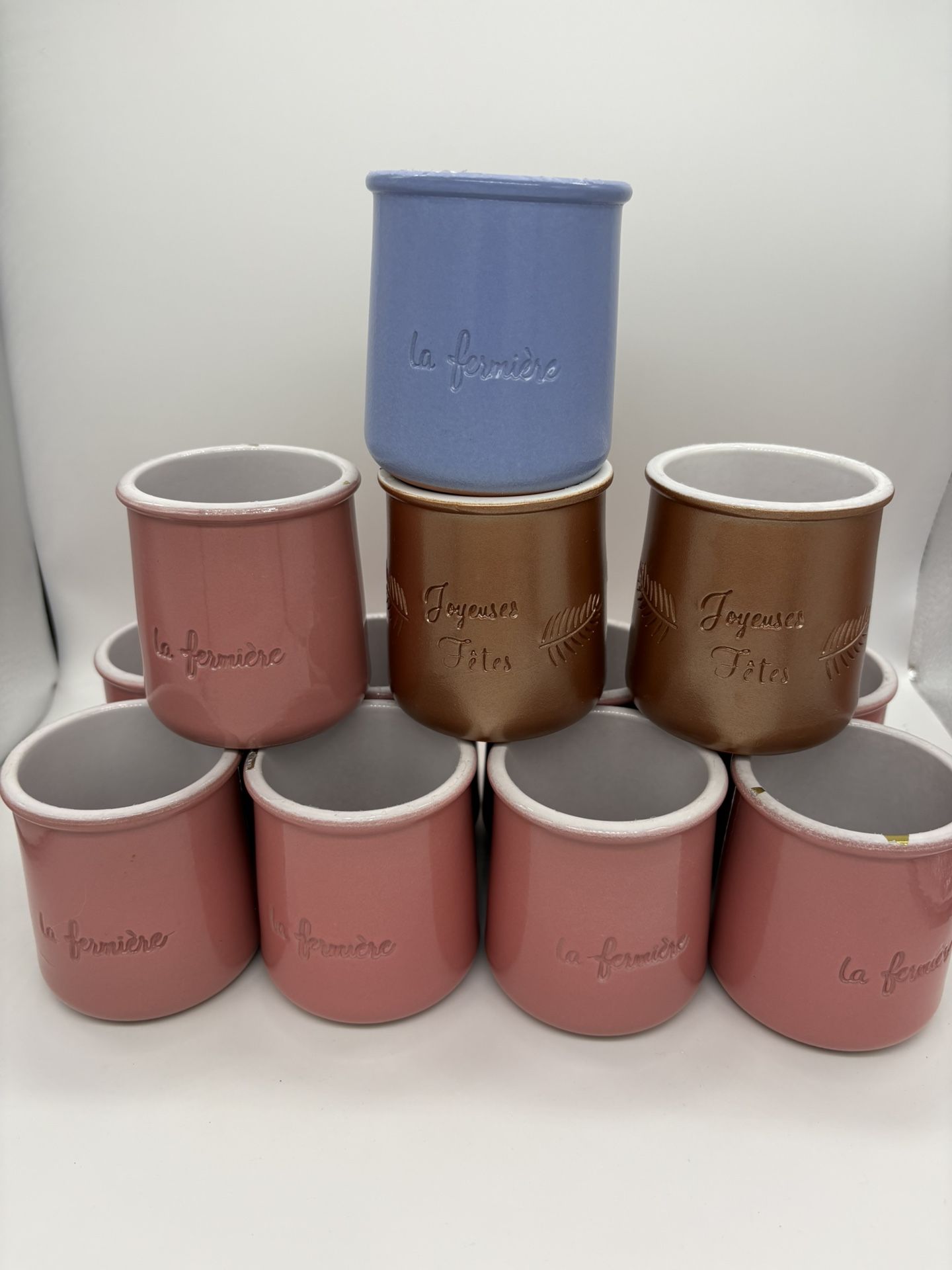Lot of 12 La Fermiere Glazed Terra Cotta Pottery Yogurt Pots