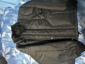 Black Puffer Bomber Jacket with Faux Fur Collar