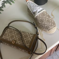 Tory Burch Checkprint Logo Crossbody Bag And Espadrilles Size 7