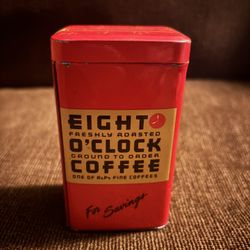 Vintage Eight O'Clock Coffee Tin Bank 3 7/8 Inch High