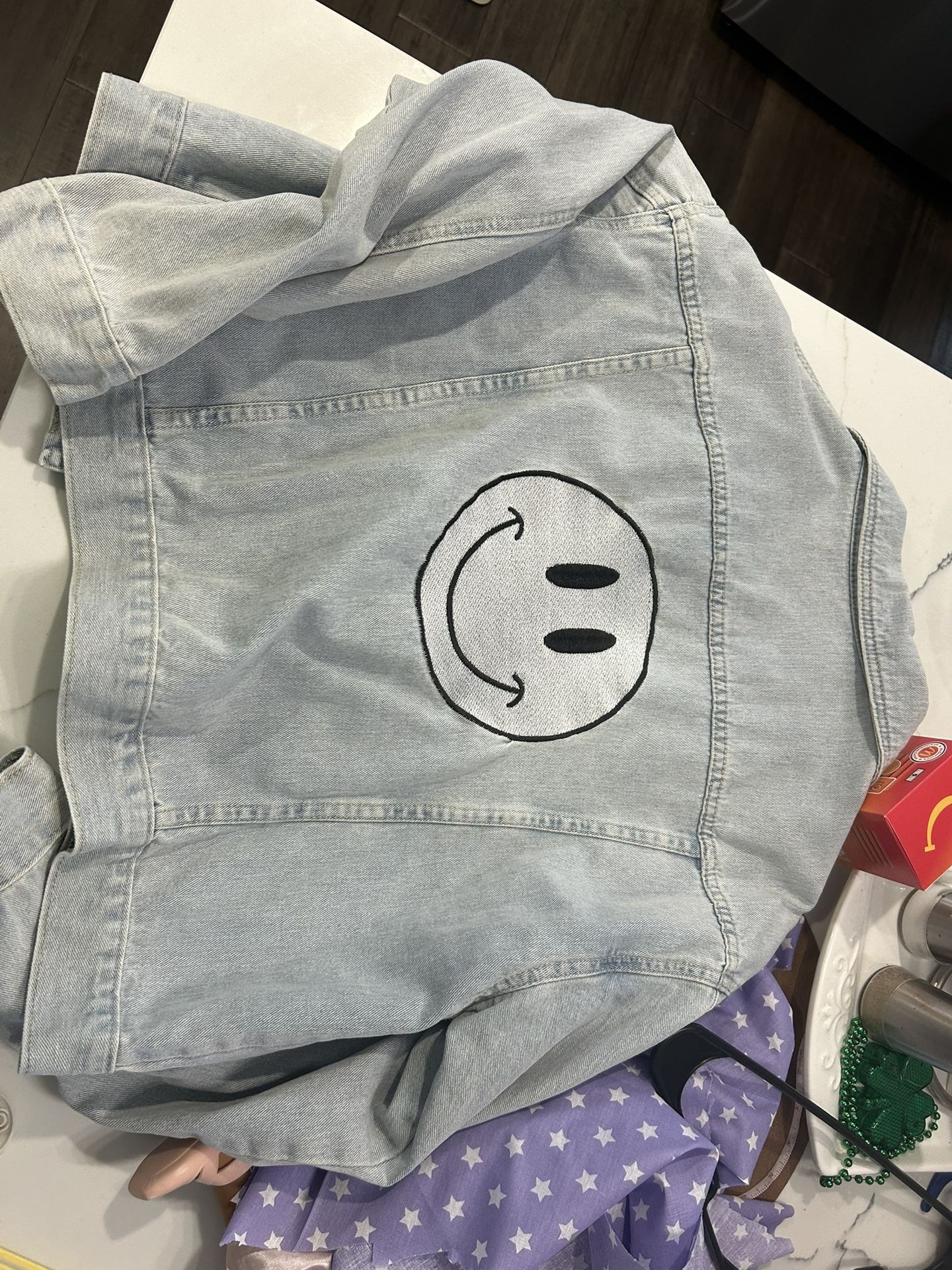 Miss Sparkling Smiley Face Light Blue Short Denim Jacket Size xLarge