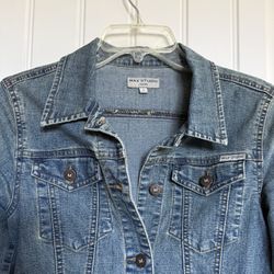 Max Studio denim jacket/brown suede code detail small in excellent condition 