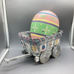 Easter home decor 9” Colorful Egg and Western Wagon Cart 12” X5.5” Used lot set   The egg are the cart are hand painted.  Add a touch of whimsy to you