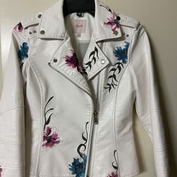 Candies White Faux leather jacket with floral embroidery 
