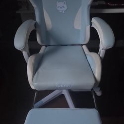 Cute Ergonomic Gaming Cushiony Chair, With Foot Rest. Cat Themed. Blue Gaming Chair