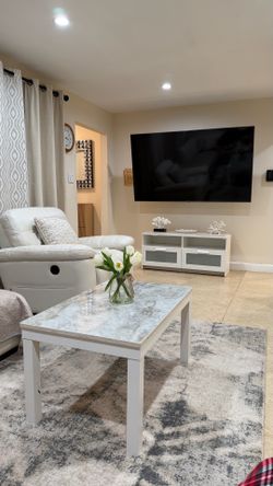 Modern White Coffee Table & TV Stand Set | Marble-Look Tops