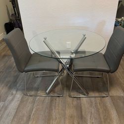 Round Glass Table(D35") and 2 Gray Faux Leather Chairs