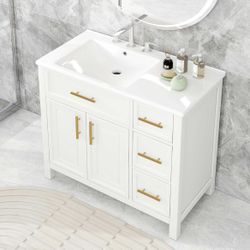 36” White Bathroom Vanity w/ Drawers / Storage & Ceramic Sink [NEW IN BOX] **Retails for $500+ ^Assembly Required^ 