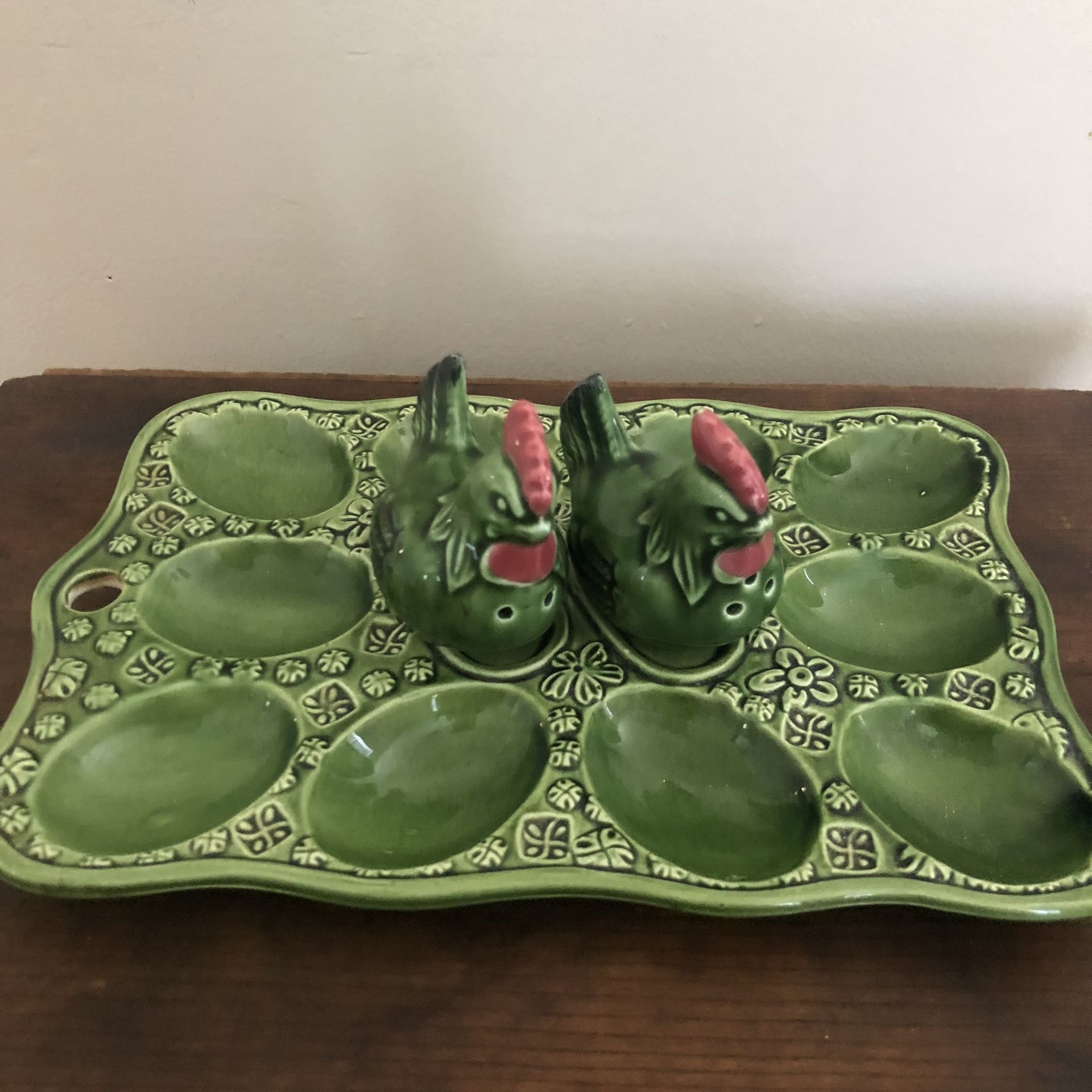 Vintage Deviled Egg Plate - Green Ceramic Chicken Serving Dish