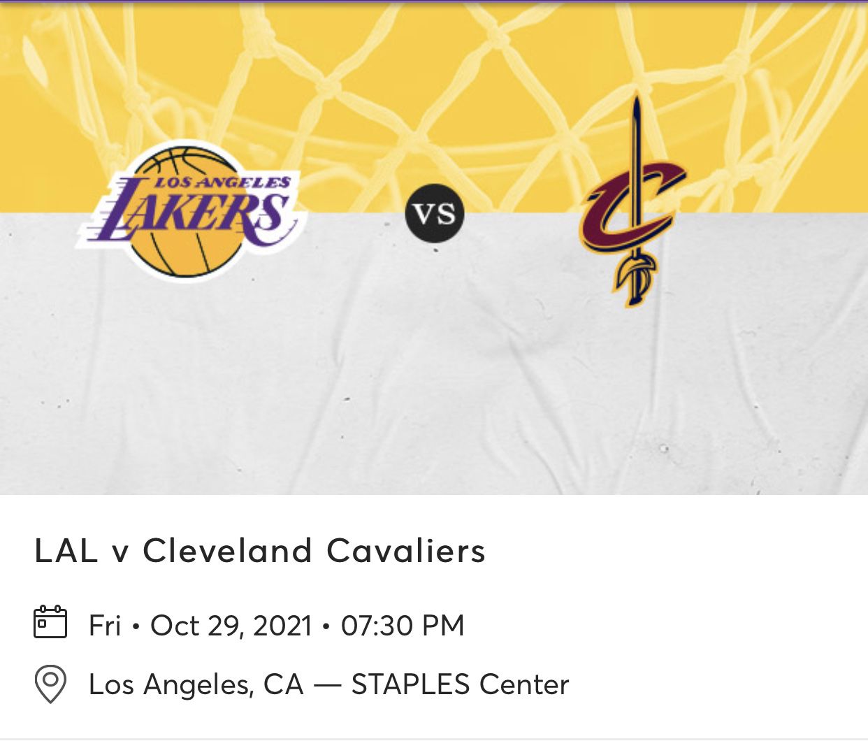 Lakers Vs Cavs-2 Tix- Aisle Seats