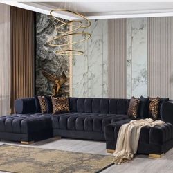 Ariana Black Velvet Double Chaise Sectional (Couch Sofa Sectional Option 