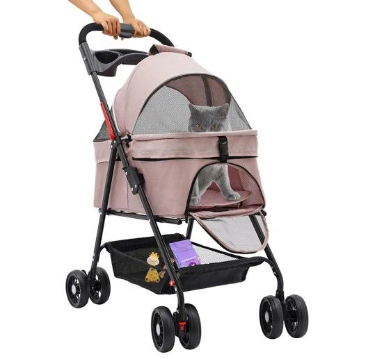 Pet Stroller, 4 Wheels Dog Cat Carrying Cart, Foldable Puppy Carrier with Storage Bag and Detachable Grid Structure for Small/Medium Dogs Cats