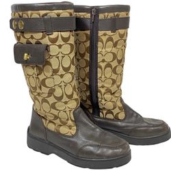 Vintage Coach KAYLA Rain Winter Boots Size 7 Logo Leather Canvas Pocket A7225