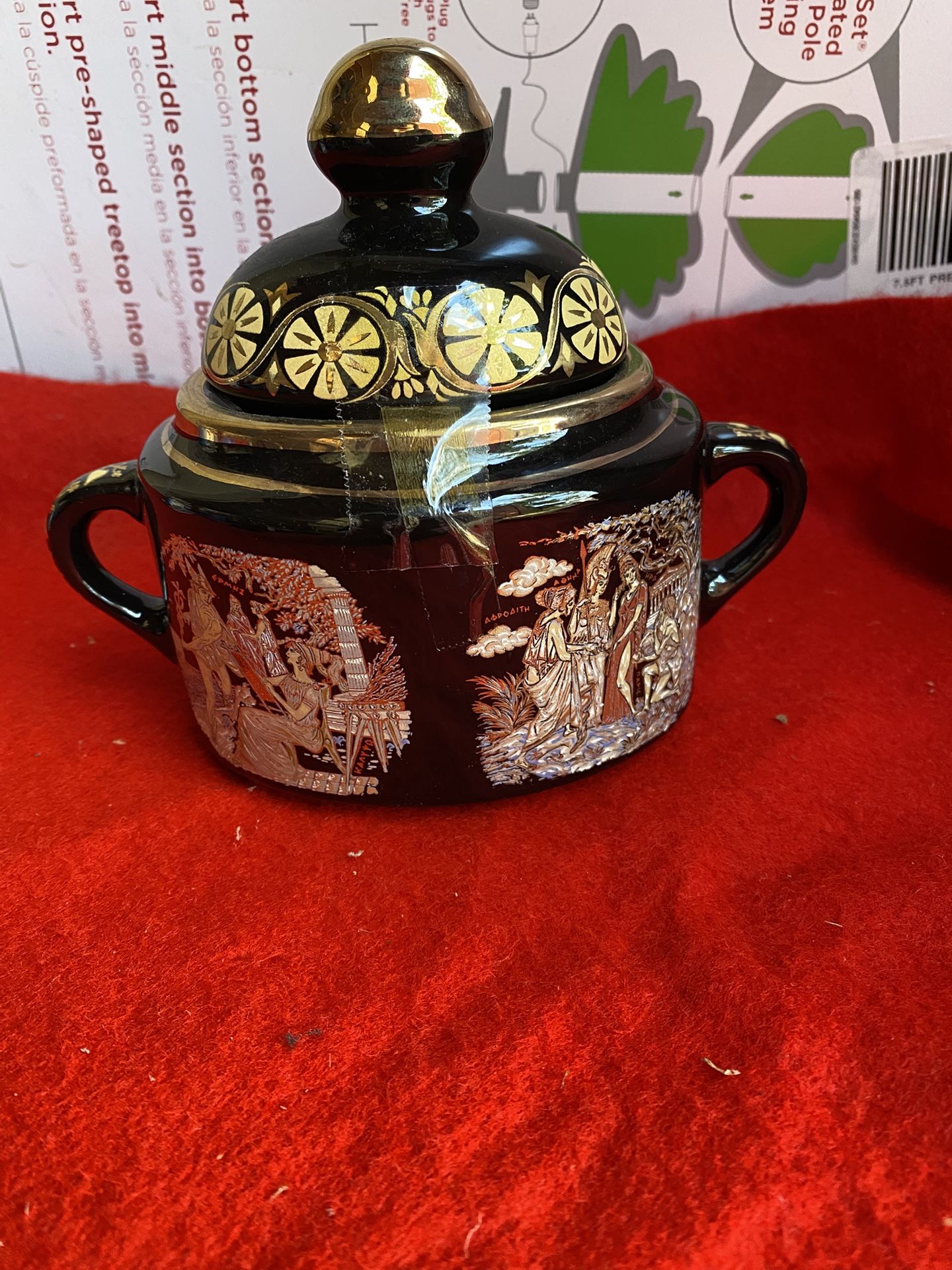 24k Black & Gold Handmade In Greece Ceramic Greek Sugar Bowl With Lid Imported From Greece (2 available)