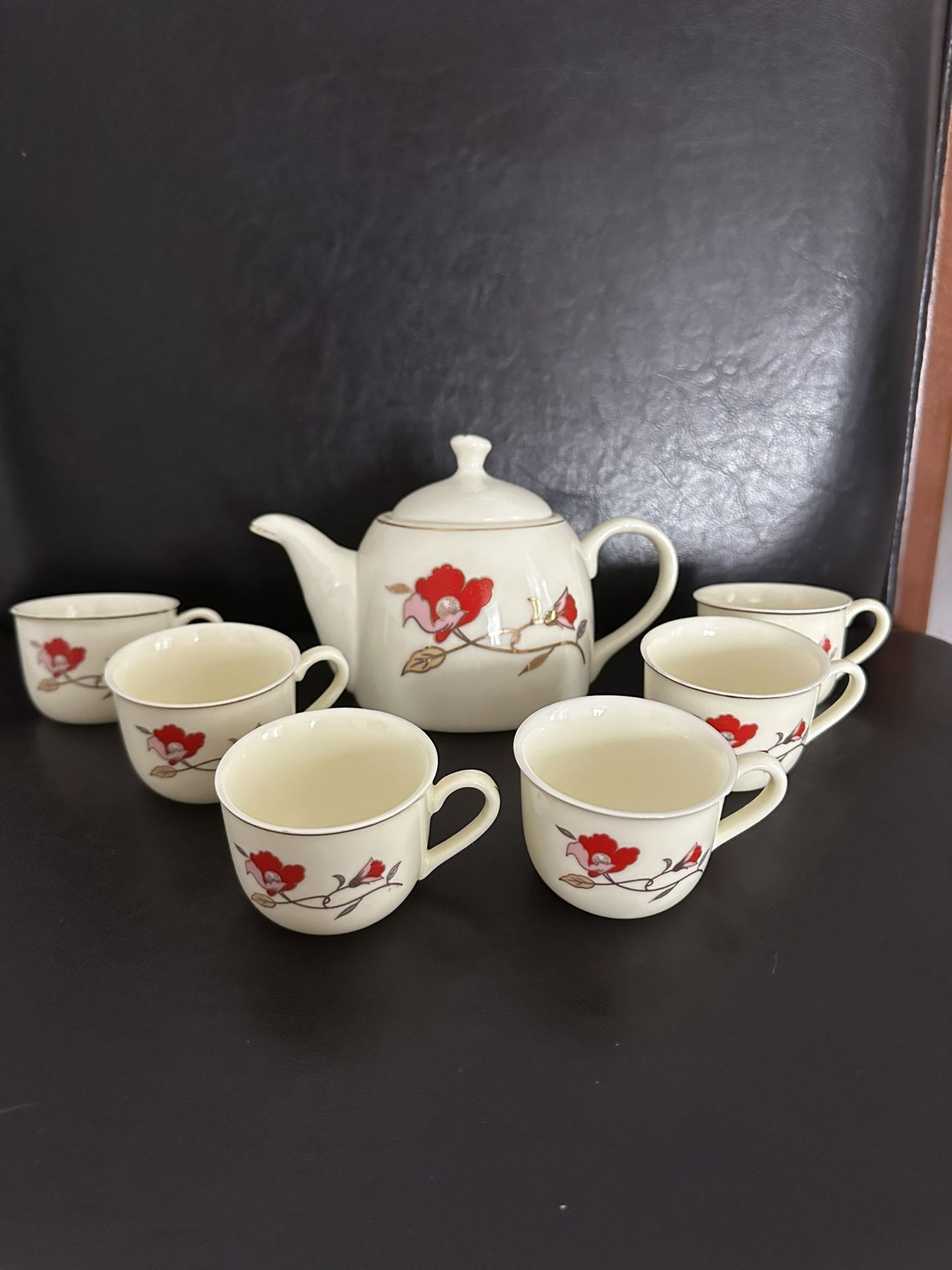 Vintage Porcelain East Asian Cream Tea Set with Red, Pink & Gold Floral Motif