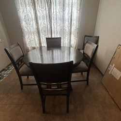 Dark Wood Round Dinner Table (With 5 chairs)