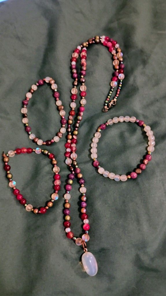 Precious Gem Stone 30" Opal Pendant Necklace And 3 Piece Bracelet