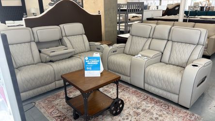 Light Gray Leather Reclining Sofa and Loveseat Set,living room sets, no credit needed, zero money down
