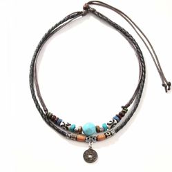 Man’s Turquoise Leather Coin Necklace