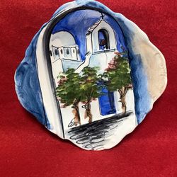 7 Inch Handmade Hand Painted Blue Ceramic Wall Hanging Plate Imported From Greece