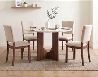 Brand New Walnut & Beige 5pc Dining Table Set