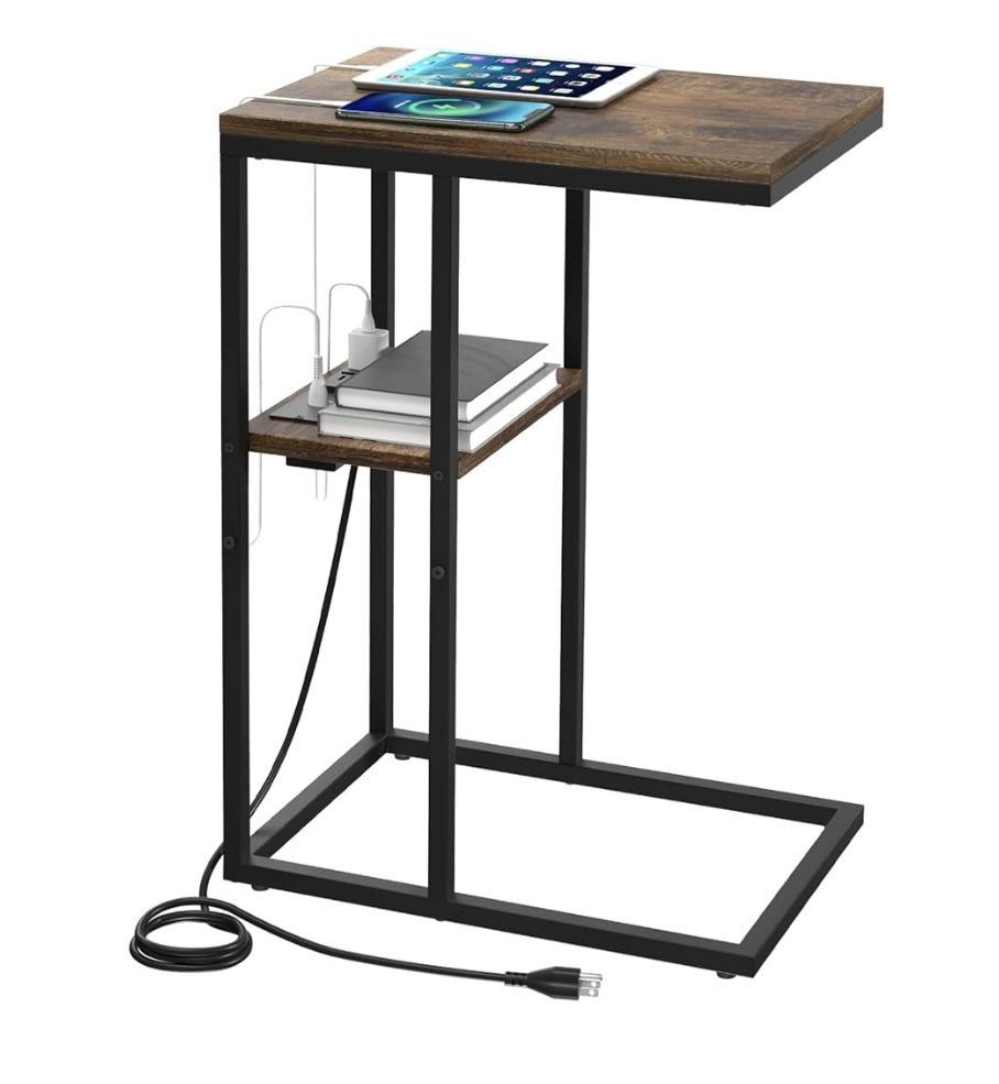 C Shaped End Table with Charging Station for Living Room, Bedroom, with USB Ports , New